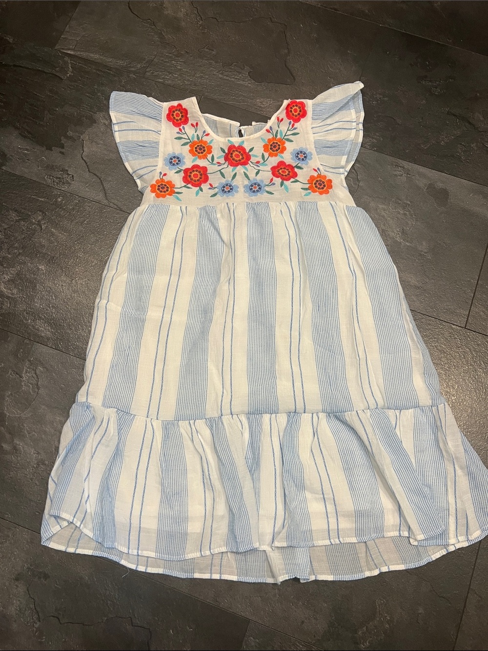 Women’s Blue Stripe Embroidered Flutter Sleeve Dress